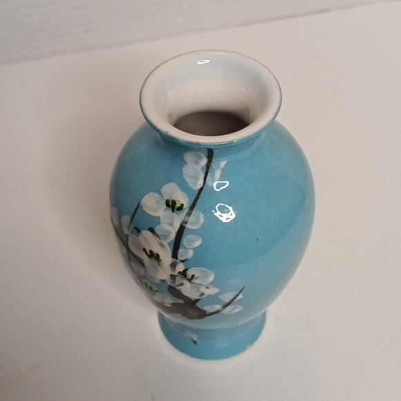 Vintage Hand Painted Cherry Blossom Branch Vase 6" Blue Ceramic Bohemian - Picture 2 of 10